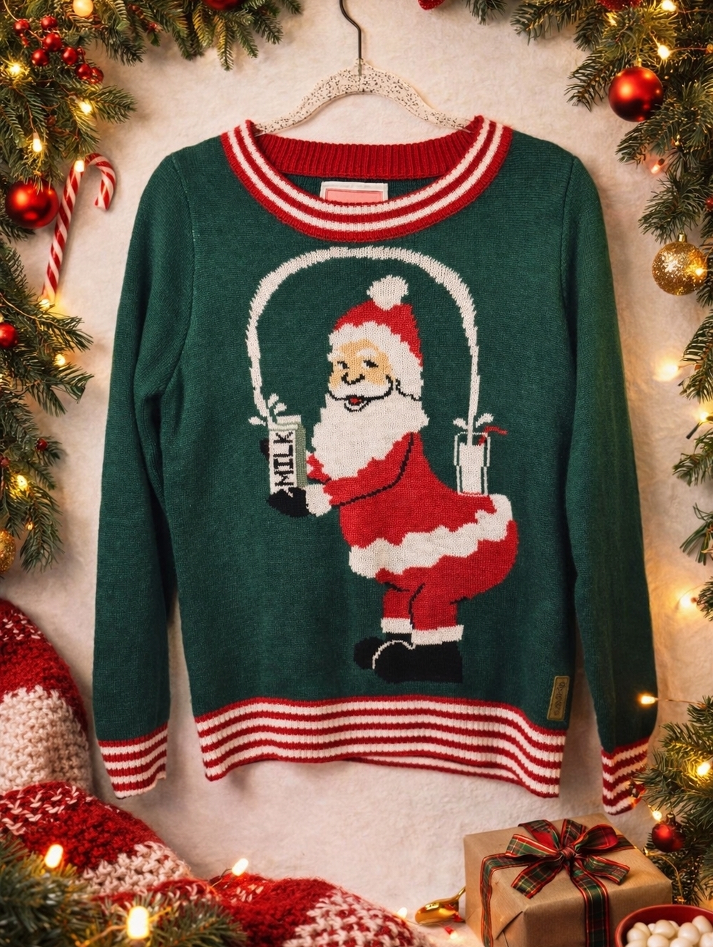 NWT Tipsy ELVES Green & Red Santa Graphic Holiday Sweater. LADIES MED